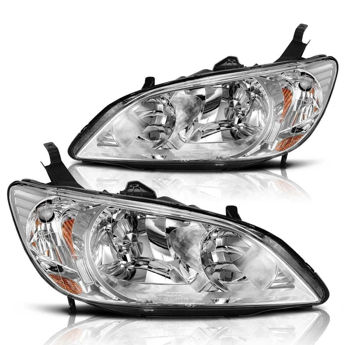 YITAMOTOR® 2004 2005 Honda Civic Headlight Assembly Chrome Housing Headlamps Clear Lens