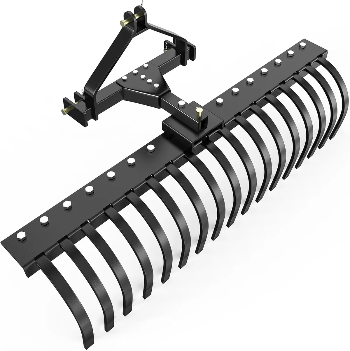 50" Three Point Landscape Rake, Replaceable Spring Steel Tines, Quick Mount, Angle Adjustment Fit for CAT-0 CAT-1, for Clearing Brush, Raking Arenas,