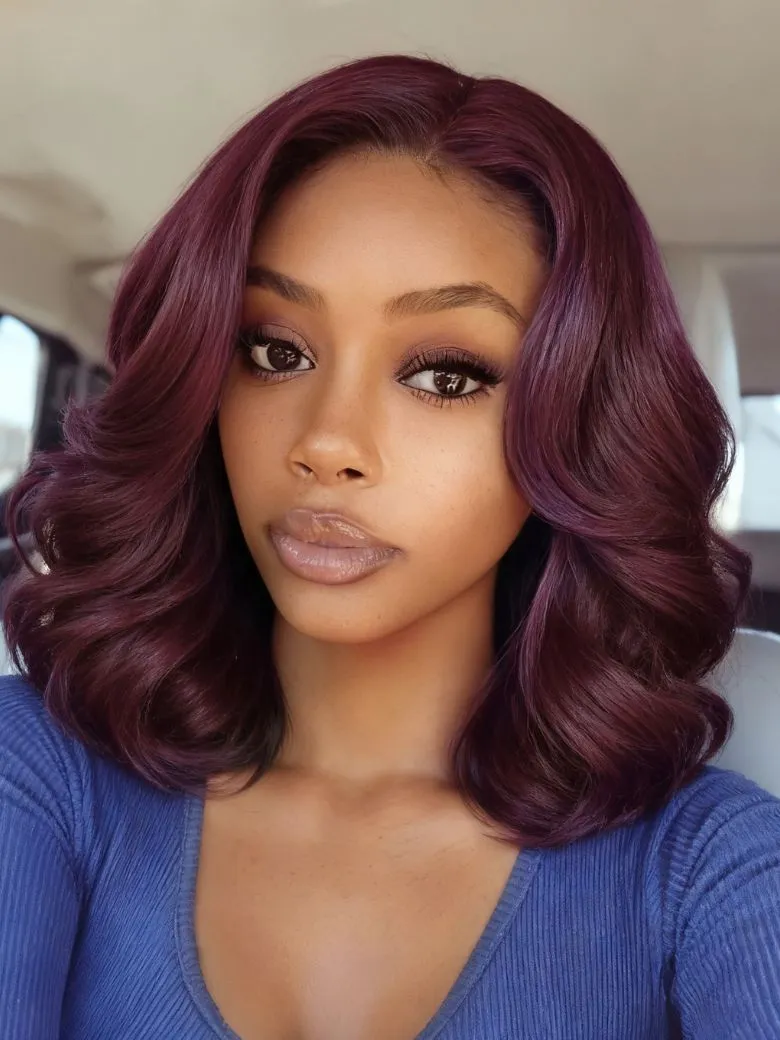 UNice Black Cherry Bye-Bye Knots™ 7x5 Lace Glueless Bob Drawstring Body Wave&Straight Wig with Curtain Bangs