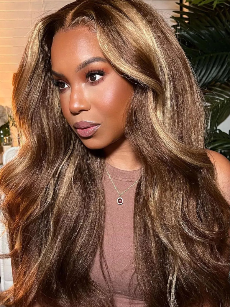 13x4 Lace Frontal Kinky Straight Honey Blonde Highlights Wig 100% Human Hair