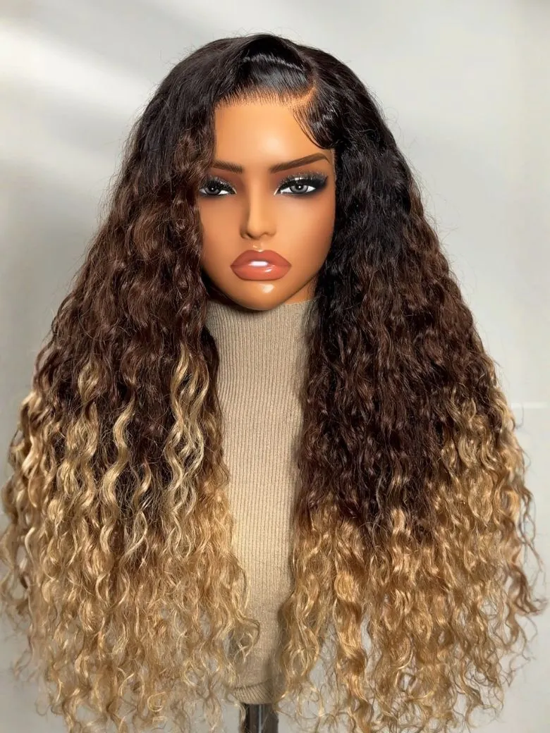 [From 18 Inch] UNice Bye-Bye Knots™ 7x5 Lace Black to Brown to Blonde Ombre Water Wave Wig with Invisi Drawstring