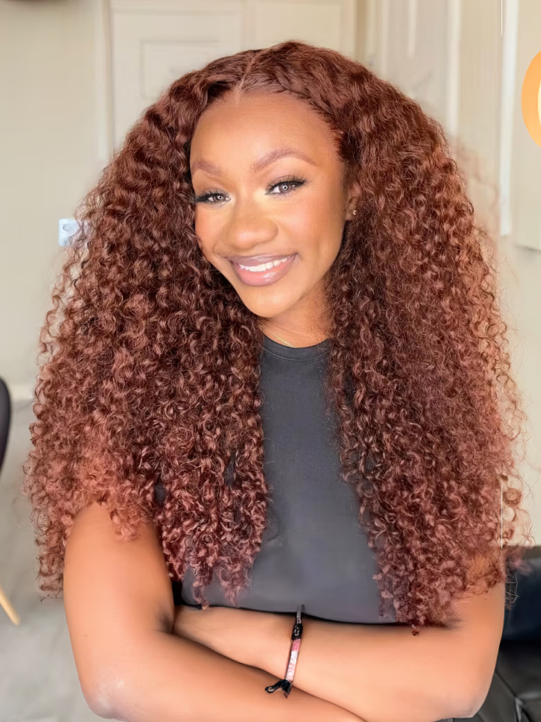 [18" & 22" Same Price] 13x4 Frontal Large Lace Reddish Brown Kinky Curly Bleached Knots Wig