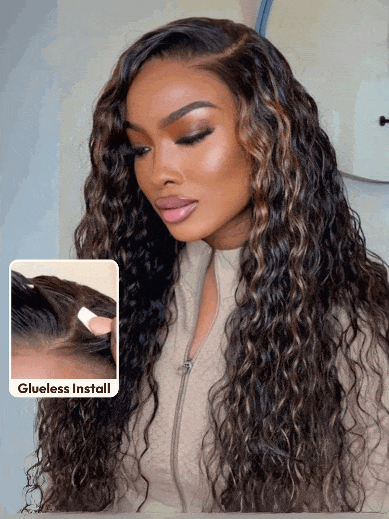 [24"=$99] 7x5 Bye-Bye Knots Lace Water Wave Black Wig With Golden Brown Highlights 150% Density