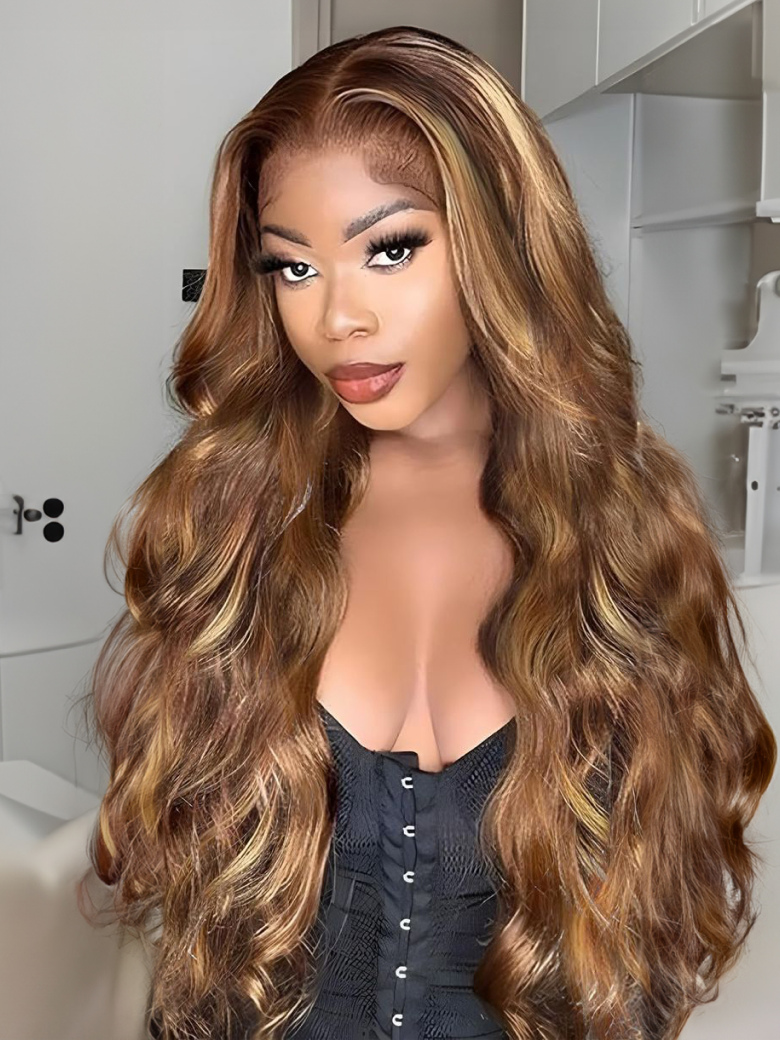 13x4 Lace Front Kinky Straight Honey Blonde Highlights Wig Super Secure Ear To Ear 150% Density Wig