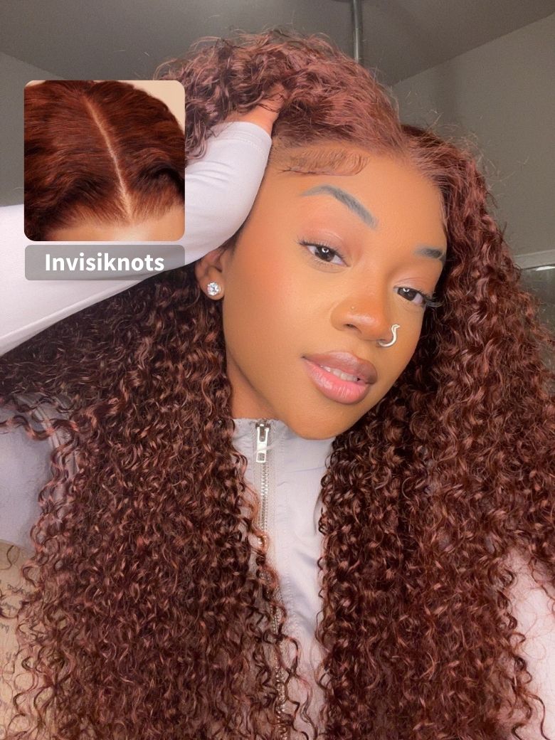 [20 inch] 13x4 Pre-Everything Glueless Lace Reddish Brown Curly Wig With Drawstring Bleached Knots Bouncy 180% Density