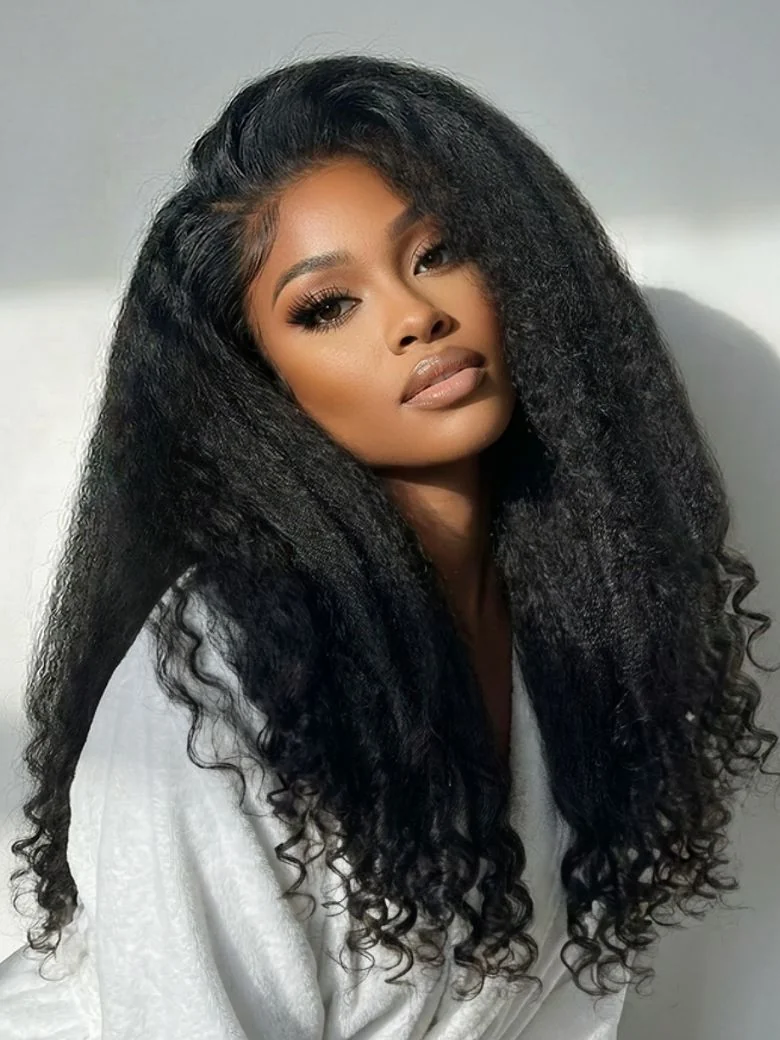 UNice InvisiBlend™ V part Natural Black Kinky Straight with Spiral Curly Ends Human Hair Wig for Beginner