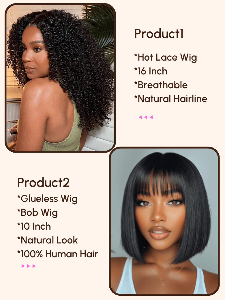 $99=2 Wigs | 16" Lace Part Kinky Curly Wig and 10" Bob Wig with Bang