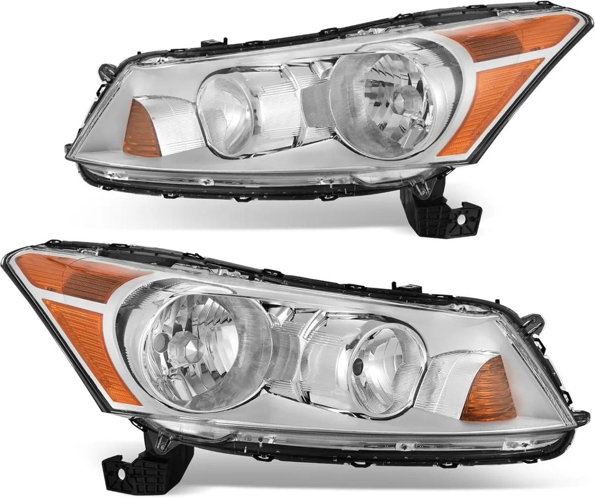 YITAMOTOR® Headlight Assembly Compatible with 2008-2012 Honda Accord 4-Door Sedan Chrome Housing Amber Reflector Headlamp for Driver and Passenger Sid