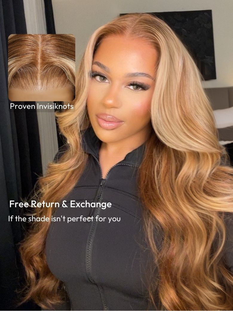 7x5 Bye-Bye Knots Wig Pre-Cut Glueless Lace Honey Blonde Body Wave Wig With Bleached Clean Knots