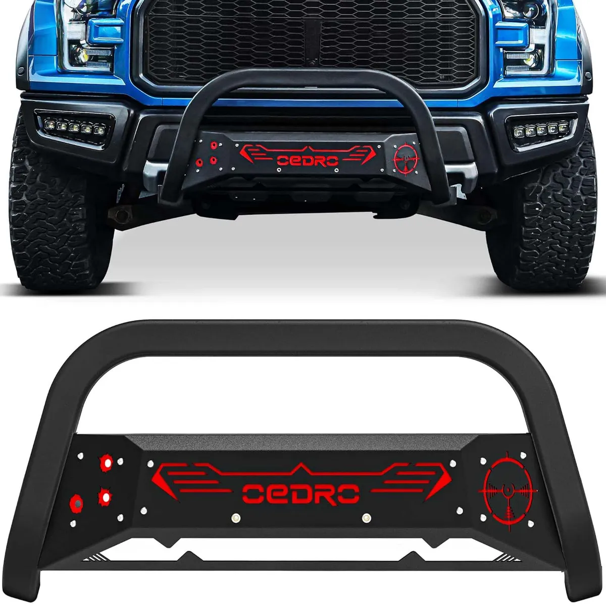 OEDRO® Bull Bar for 2004-2023 Ford F150, Bumper Grille Guard w/Red and Black Skid Plate Light Mount