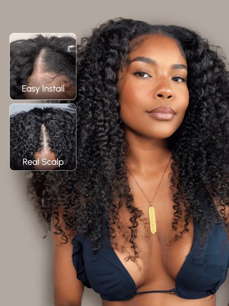 EasiContour V Part Kinky Curly Wig Glueless Protective Style Human Hair Wig 150% Density