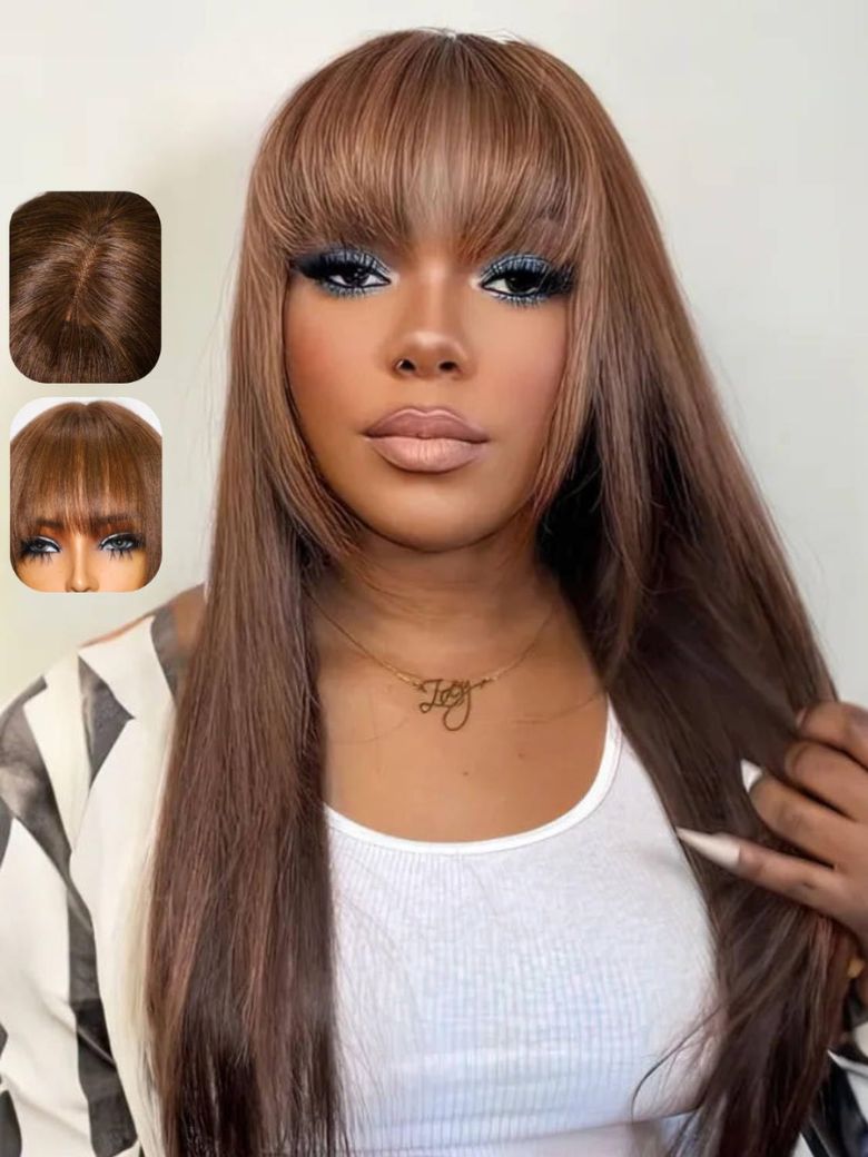 [All Inch $99] 4x2 Glueless Lace Yaki Straight Human Hair Wigs with Bangs Chocolate Brown Layered Cut Glueless Wigs Ready to Wear Wig