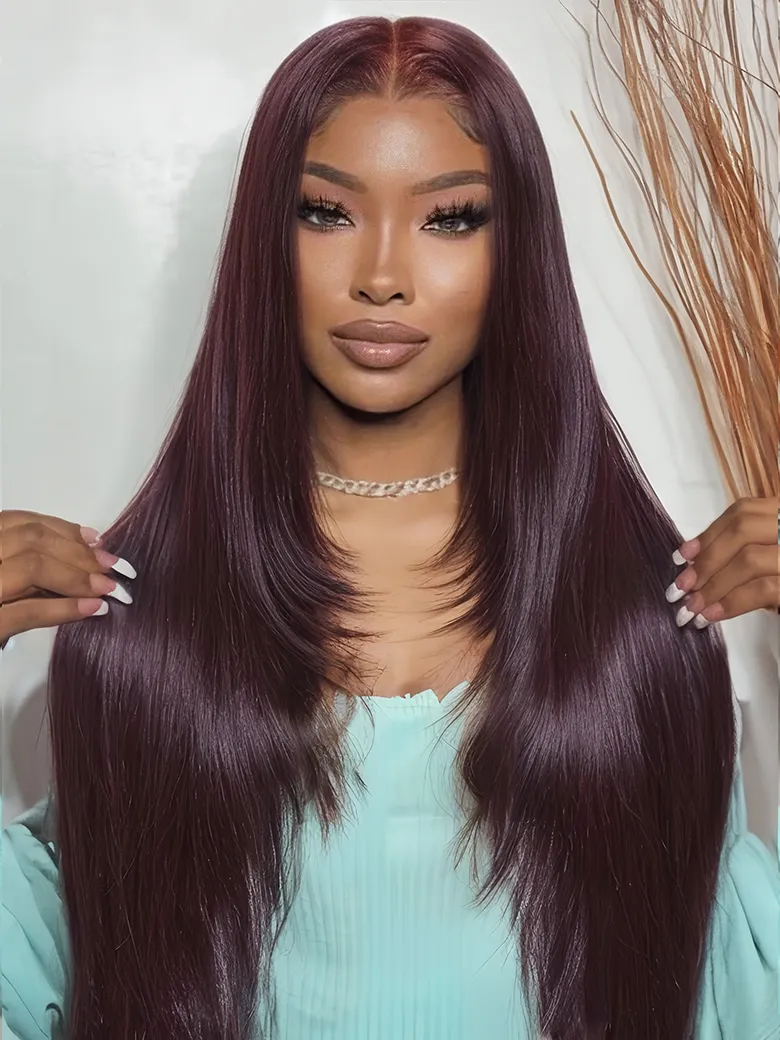 13x4 Lace Frontal Black Cherry Layered Straight Pre-Everything Wig 150% Bouncy Density