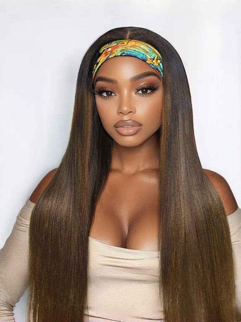 [20''=$89] Low Maintenance Put On And Go Yaki Straight Headband Black To Chestnut Brown Ombre Human Hair Glueless Wig