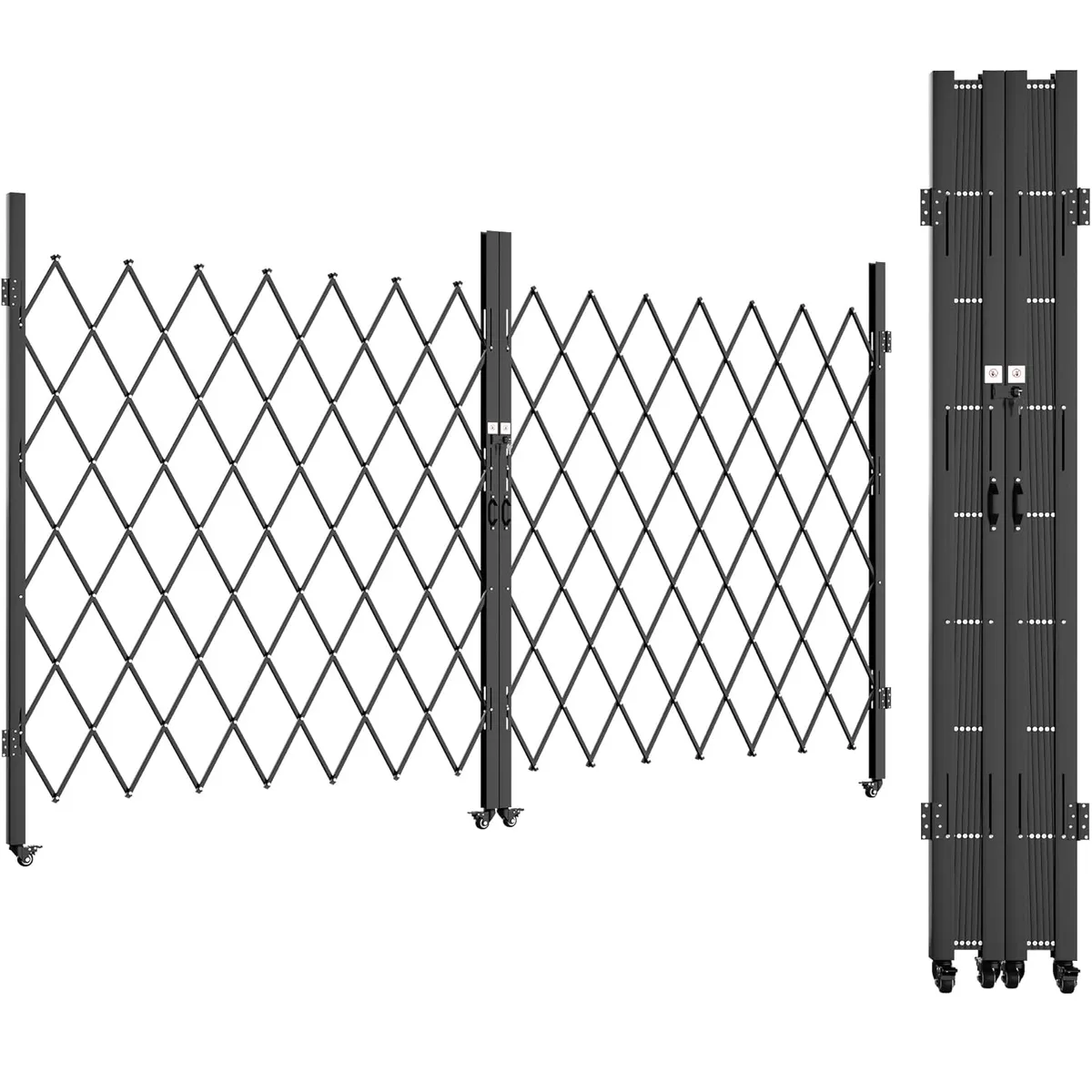 Double Folding Security Gate, 85" H x 150" W, Steel Accordion Design, 360° Rolling, Barricade Gate with Keys, Aluminium Mesh