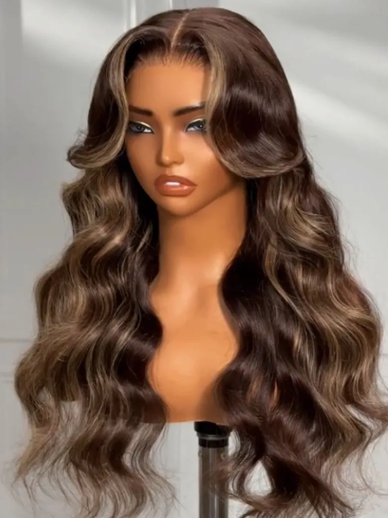 7x5 Bye-Bye Knots Lace Chocolate Brown Hair With Highlights Loose Wave Wig With Face Framing Layers 150% Density