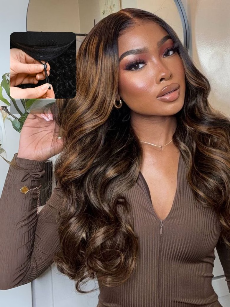 [With Drawstring]7x5 Lace Sun-Kissed Balayage Highlight Bye Bye Knots Glueless Lace Body Wave Wig& Real Scalp V part Wig