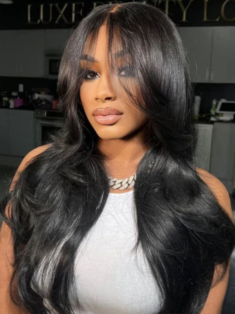 24 Inch 150% Density 13x4 Pre-Everything Lace Frontal Pull And Go Black Fluffy Natural Loose Wave Curtain Bangs Wig