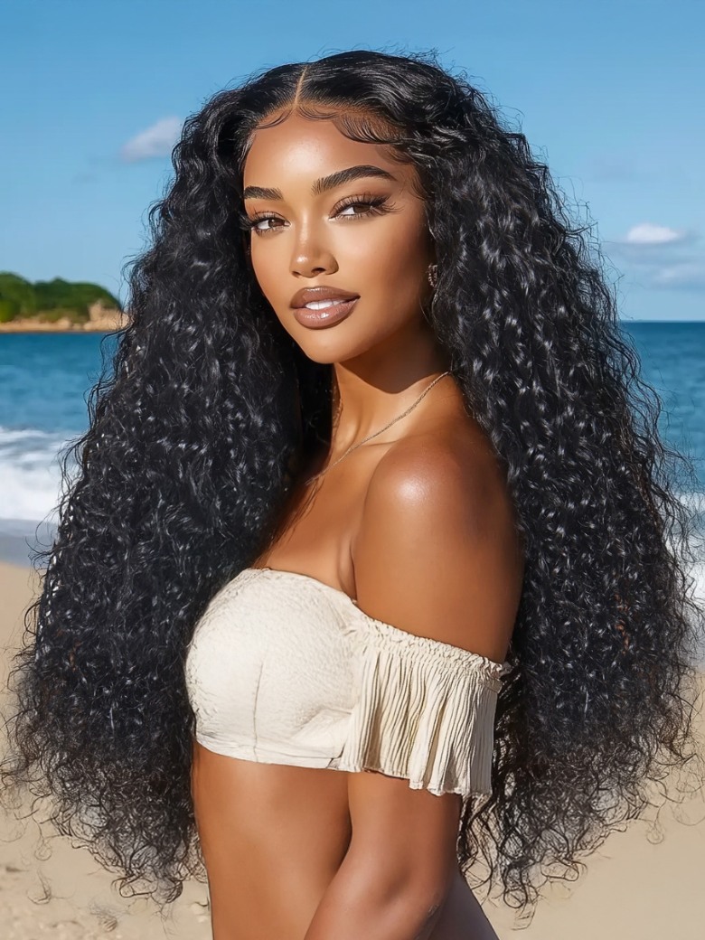 13x4 Drawstring Pre-Everything Lace Frontal Natural Black Bouncy Water Wave Curly Wig Youtuber Hot Style