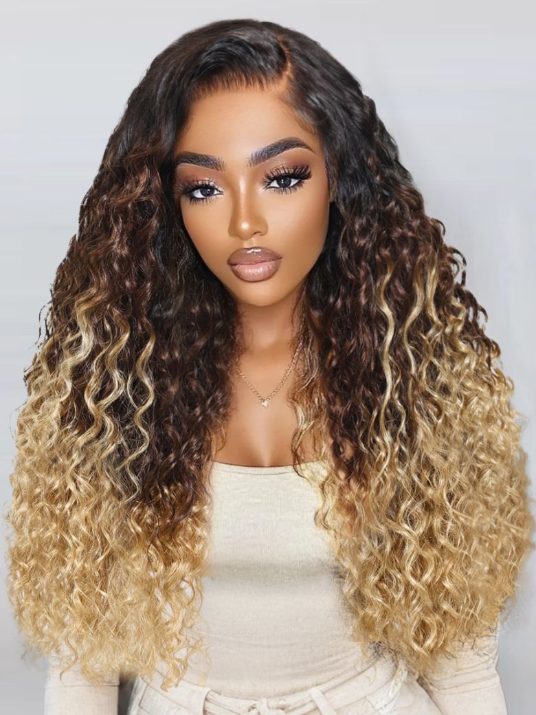 [18"=$99] UNice Bye-Bye Knots 7x5 Lace Black to Brown to Blonde Ombre Water Wave Wig with Invisi Drawstring