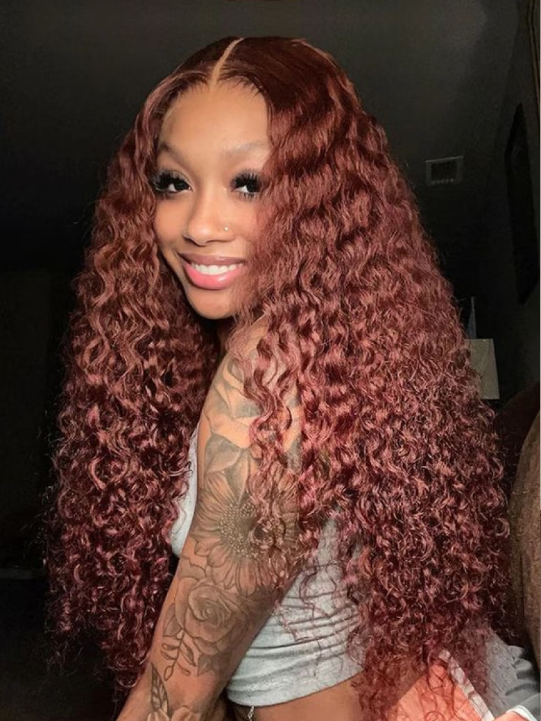 [24"=$123] 6x4.5 Pre Cut Glueless Lace Reddish Brown/Honly Blonde Highlight Curly Wig With Bleached Knots