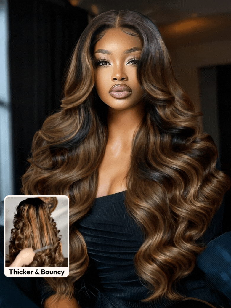 7x5 Bye Bye Slip™ Wig Glueless Lace Balayage Highlight Body Wave Drawstring Curtain Bangs Wig