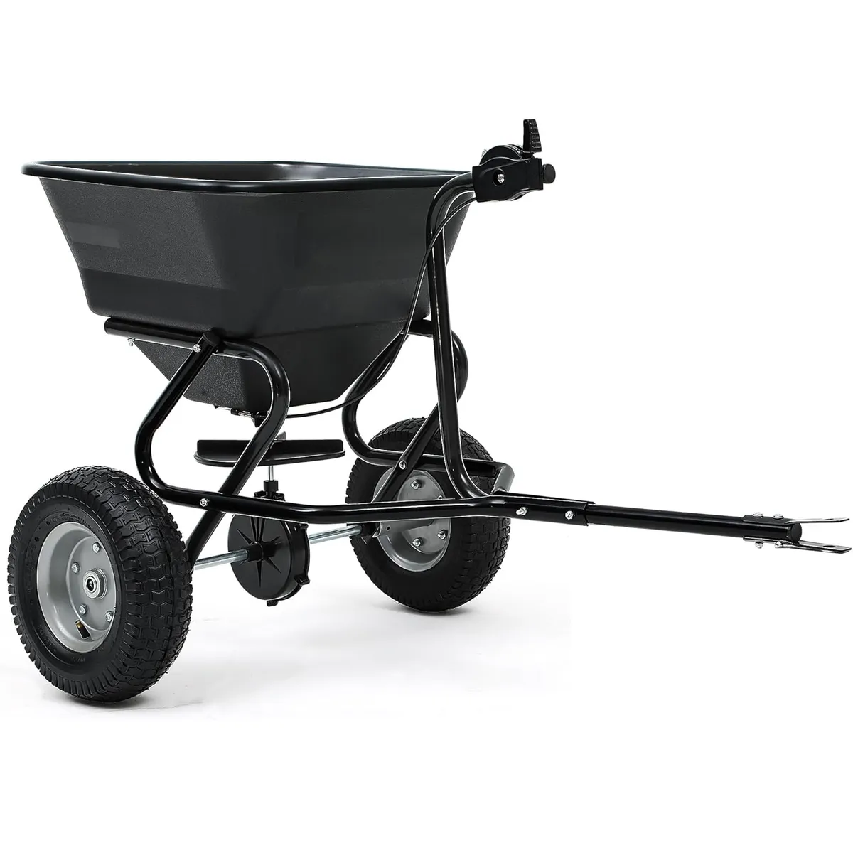Tow Behind Lawn & Garden Broadcast Spreader for Seed Holds up to 130 lbs with 13" Pneumatic Tires and Adjustable Flow Control Lever