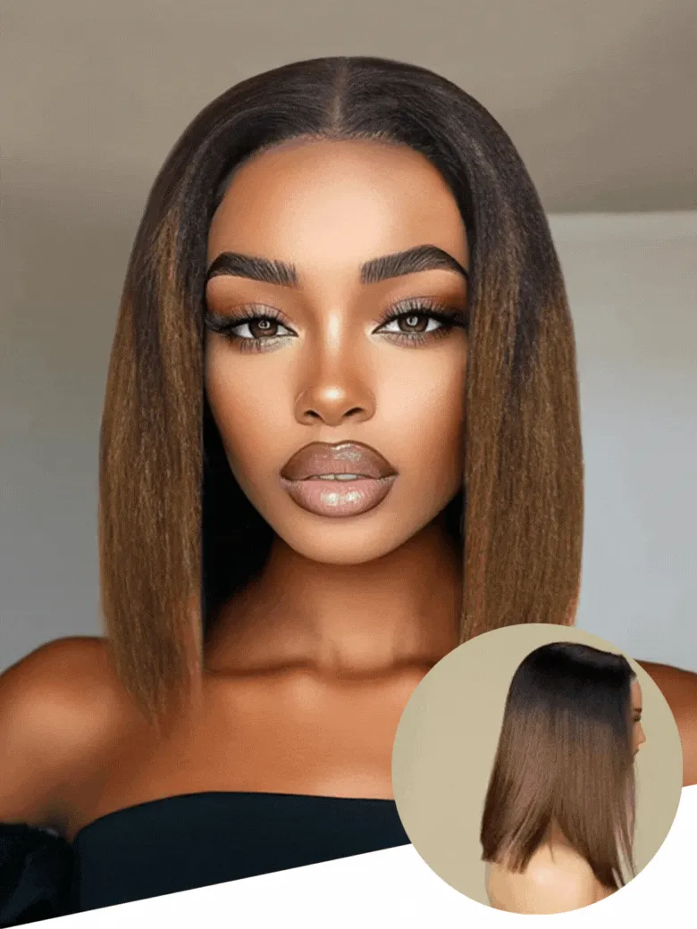 Bye-Bye Knots Bold & Refined 7x5 Lace Black to Chestnut Brown Ombre Yaki Bob Wig