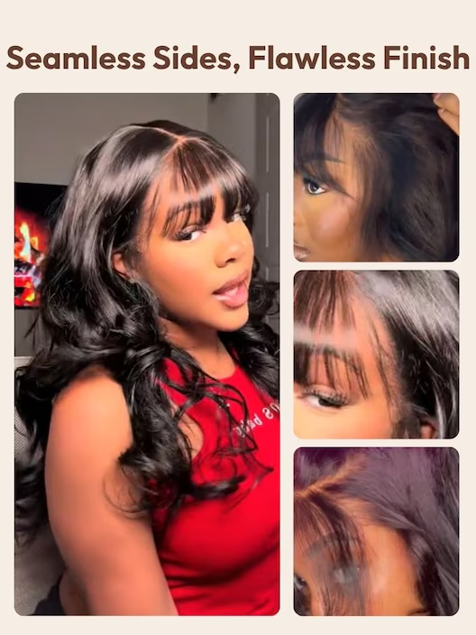 7x5 Bye-Bye Knots™ Lace Pull And Go Black Fluffy Natural Loose Wave Curtain Bangs Seamless Sides Wig With Invisi Drawstring 180% Density