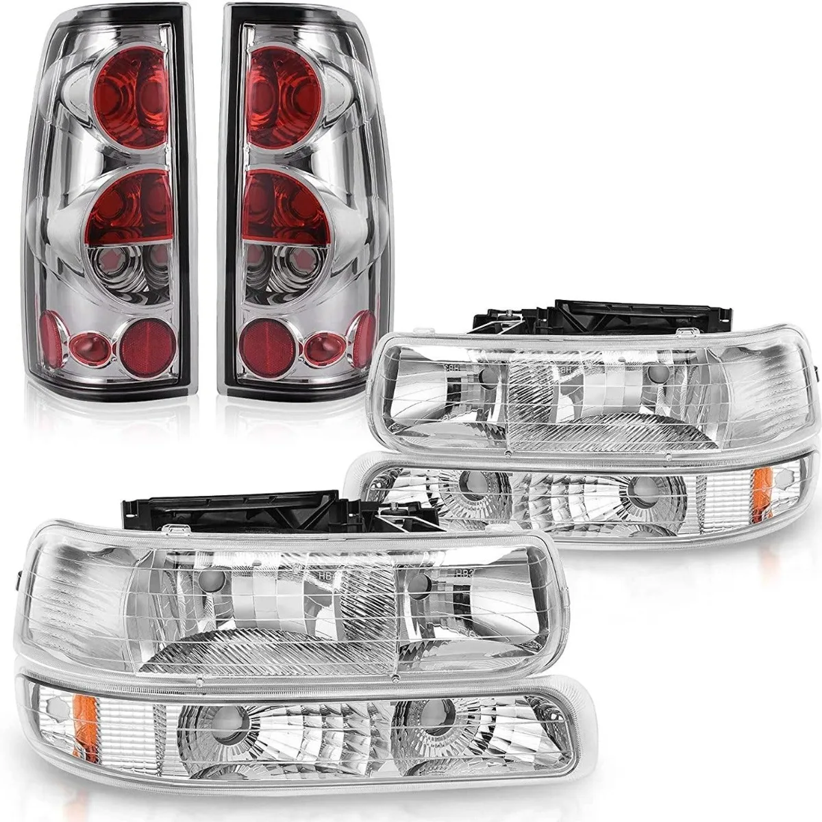 YITAMOTOR® 1999-2002 Chevy Silverado Chrome Housing Replacement Headlights + Clear Lens Taillights Combo