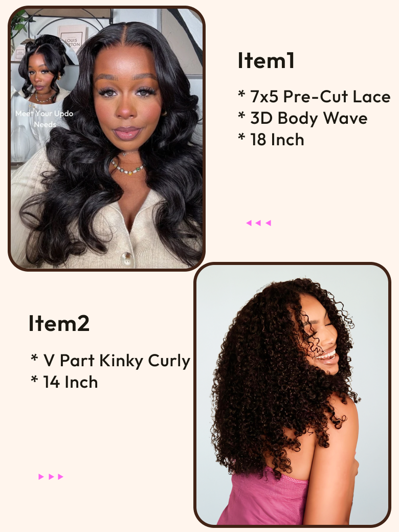 2 Wigs $189 for 7x5 Bye Bye Knots Body Wave 18" And V Part Kinky Curly 14" Wigs