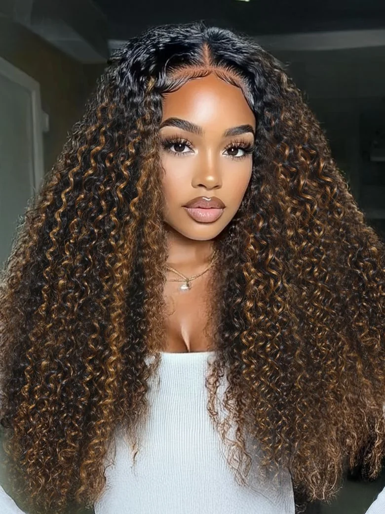 [16''=$99] UNice EasiContour™ V Part Brown Highlights with Dark Roots Jerry Curly Drawstring Glueless Wig