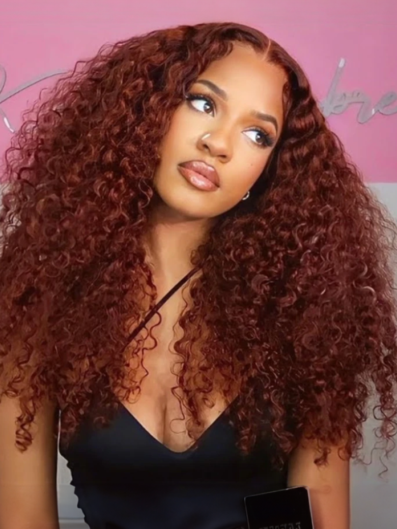 [From 20"] Pre-Cut 4X4 Lace Wig Red Brown Curly Wig 150% Density Glueless Wig