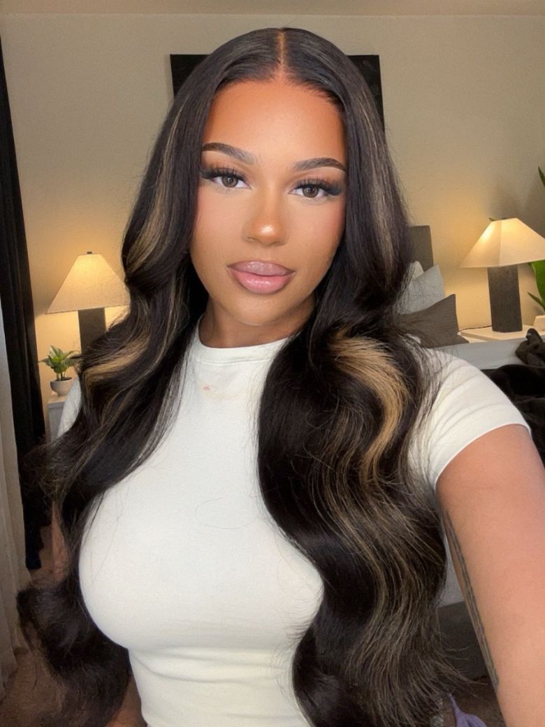 [22"=$119] 7x5 Bye Bye Knots™ Glueless Lace Wig Black With Blonde Highlights 3D Body Wave Bleached Knots