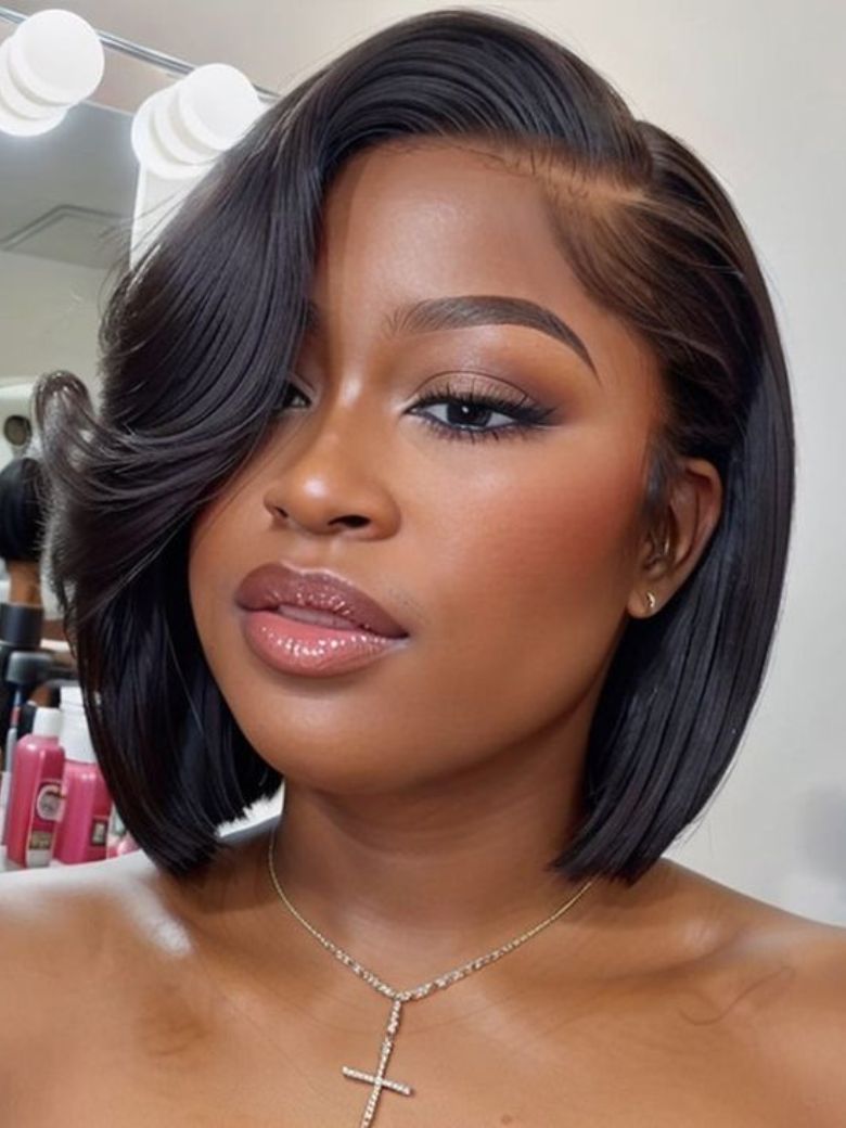 4x4 Lace Closure Black Bob Wig With Side Swept Bangs
