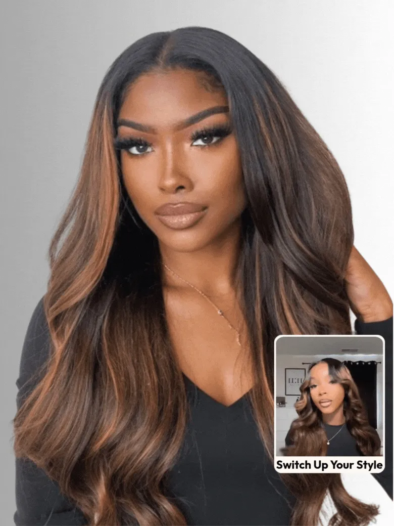 [Ship within 24H]UNice 7x5 Bye Bye Knots™ Wig Glueless Lace Balayage Highlight Body Wave Drawstring Curtain Bangs Wig