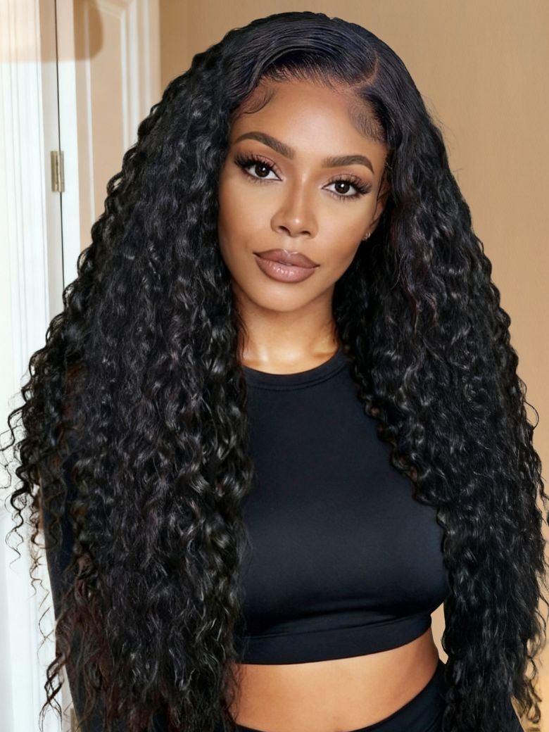18"-22" Drawstring Defined Deep Wave Bye-Bye Knots™ 7x5 Lace Natural Black Wig