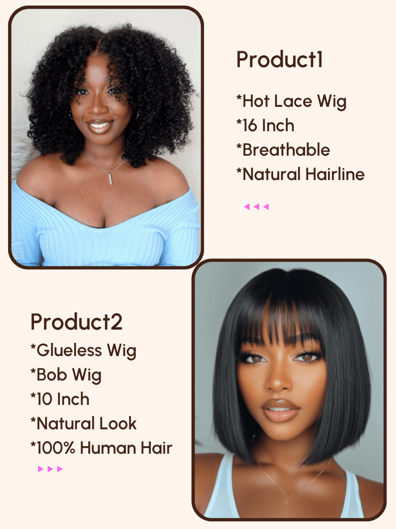 $79=2 Wigs | 16" Lace Part Kinky Curly Wig and 10" Bob Wig with Bang