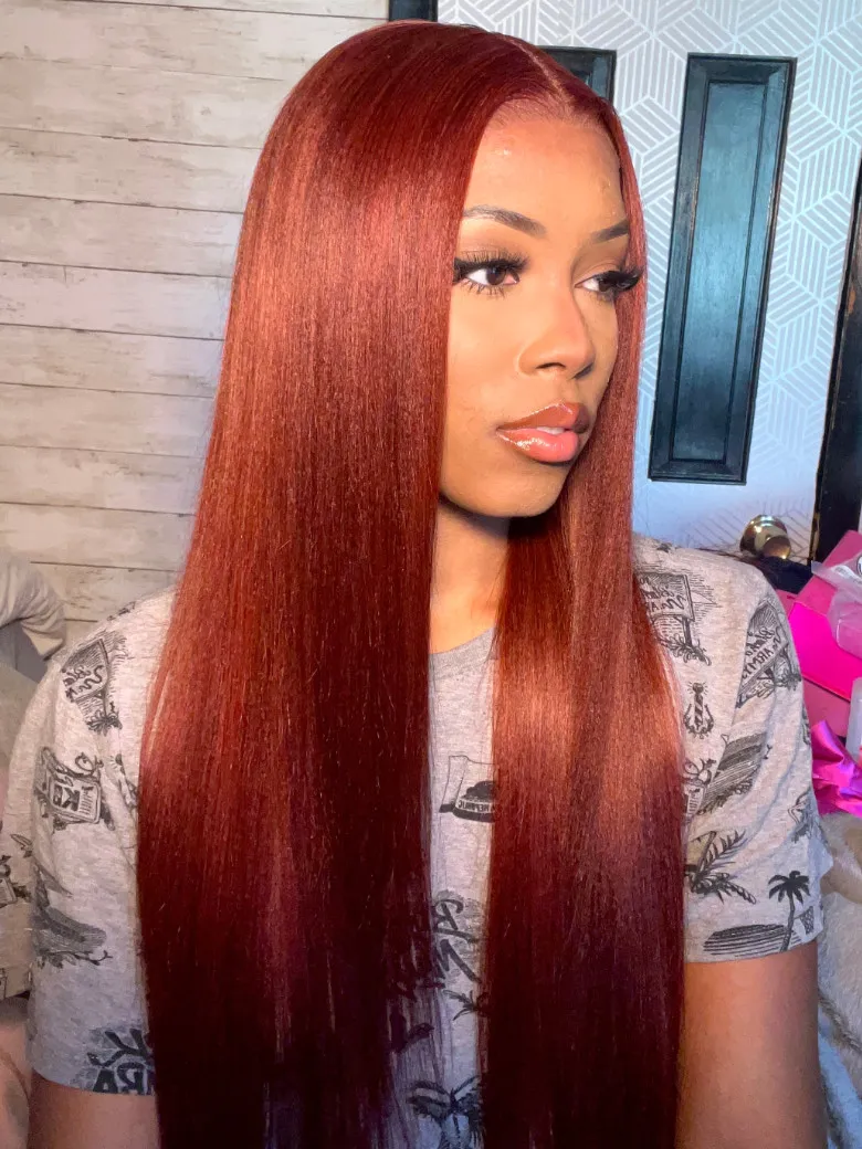[20"=$89]Fall Trendy Reddish Brown Bone Yaki Striahgt Wig With Pre-plucked Hairline Glueless 7x5 Bye Bye Knots Wig