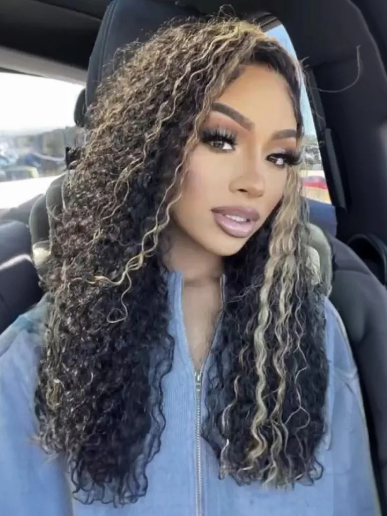 UNice 180% Density Pre-Cut 6x4.5 Glueless Lace Honey Brown Highlights Jerry Curly Wig With Bleached Knots