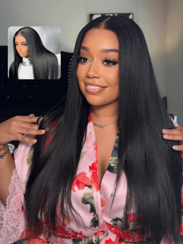Black Yaki Straight 7x5 Glueless Lace Bye Bye Knots™ Wig With Baby Hair