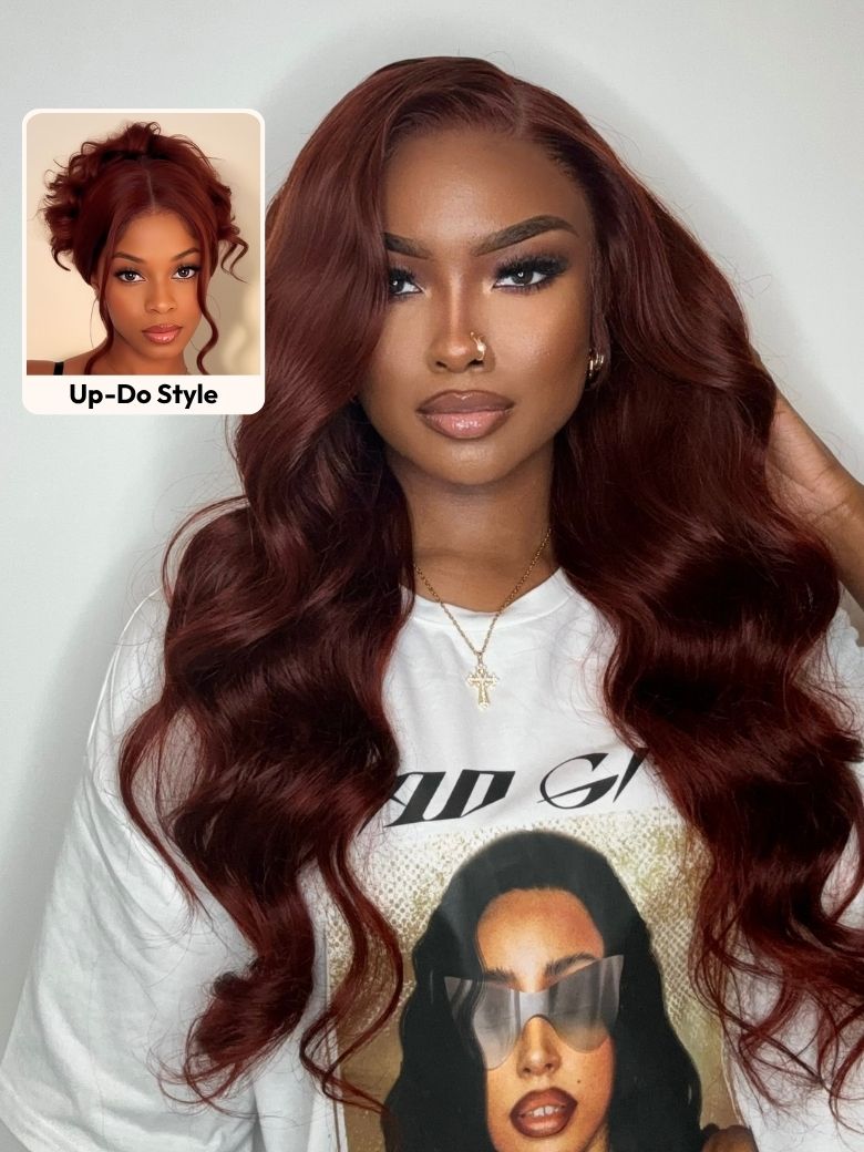 UNice 7x5 Bye Bye Knots Wig Glueless Lace 150% density Flattering Sun-Kissed Warm Tones Cherry wood Body Wave Bleached Knots Drawstring Wig