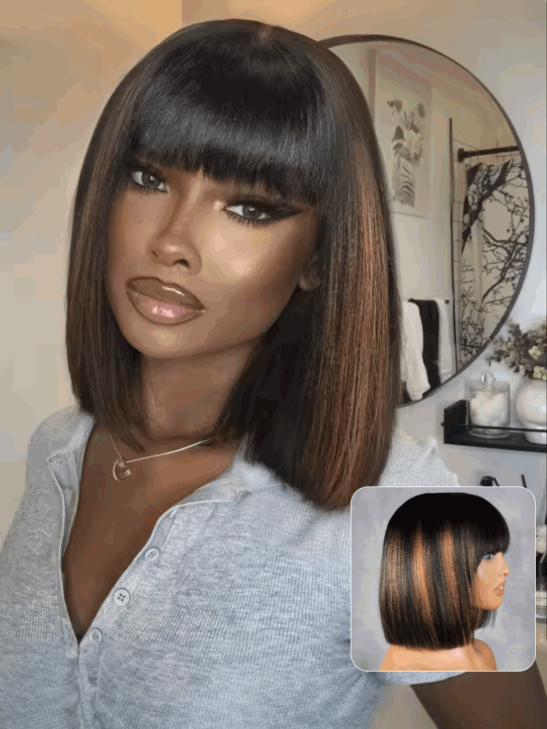 [Yaki Texture] Balayage Highlights 150% Density 4x2 Lace Yaki Straight Bob Wig with Bang