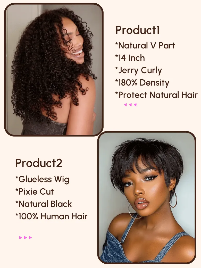 $129=2 Wigs | 180% Density V Part Wig and Pixie Cut Glueless Wig
