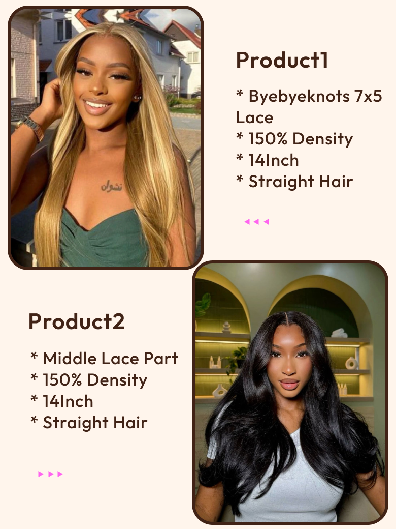 2 Wigs $142 for 14" Byebye Knots 7x5 Lace Honey Blonde Straight Hair and 14" Middle Lace Part Straight Hair