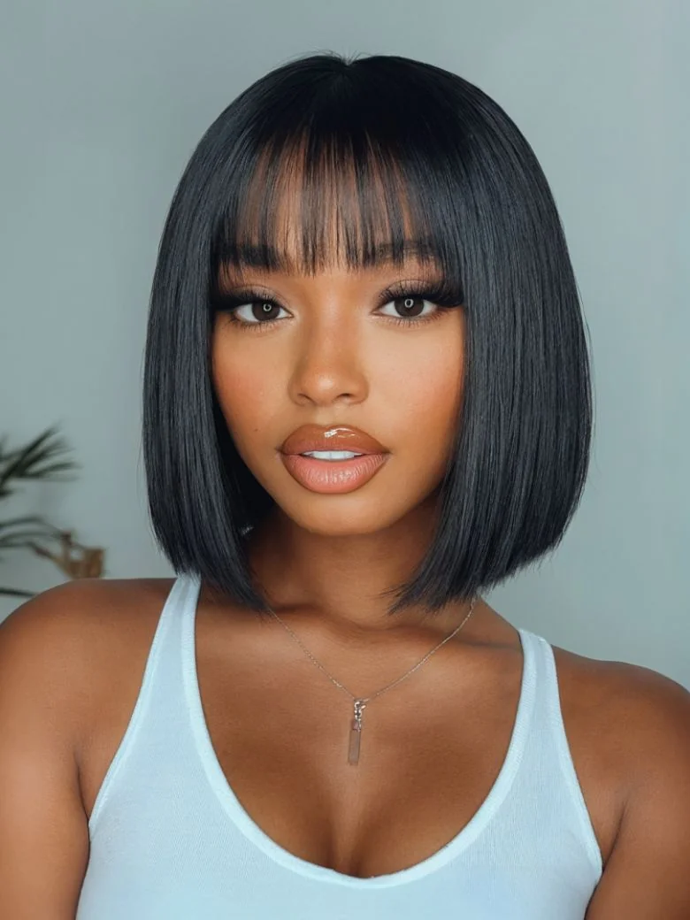 Straight Bob Glueless Wig Black Wig Human Hair with Blunt Bangs