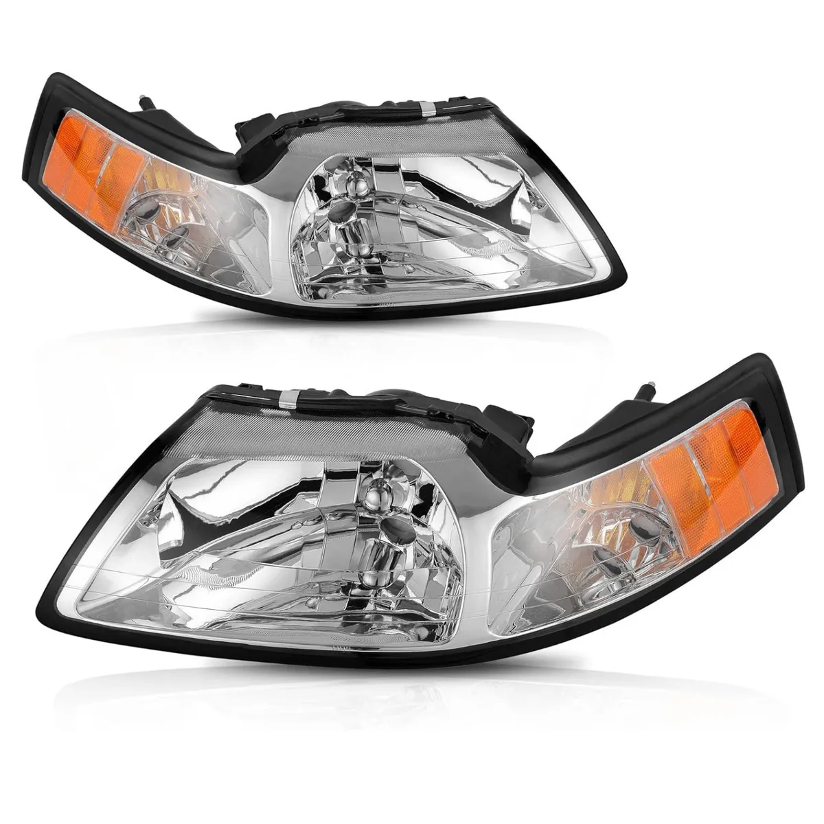 YITAMOTOR® Headlight Assembly Compatible with 1999-2004 Ford Mustang, Headlamp with Amber Reflector Chrome Housing - Driver and Passenger Side