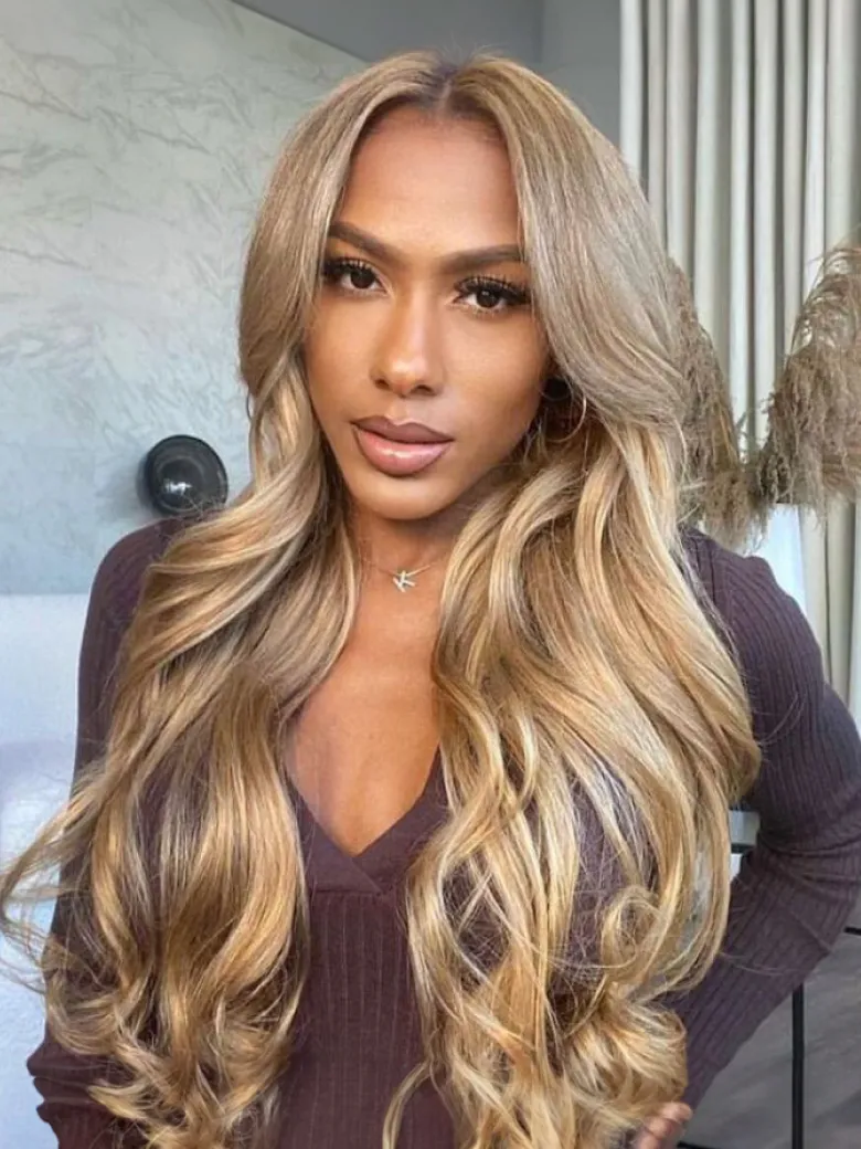 200% Density 13x4 Transparent Lace Frontal Glossy Blond Straight Pre-Plucked Human Hair Wig with Baby Hair