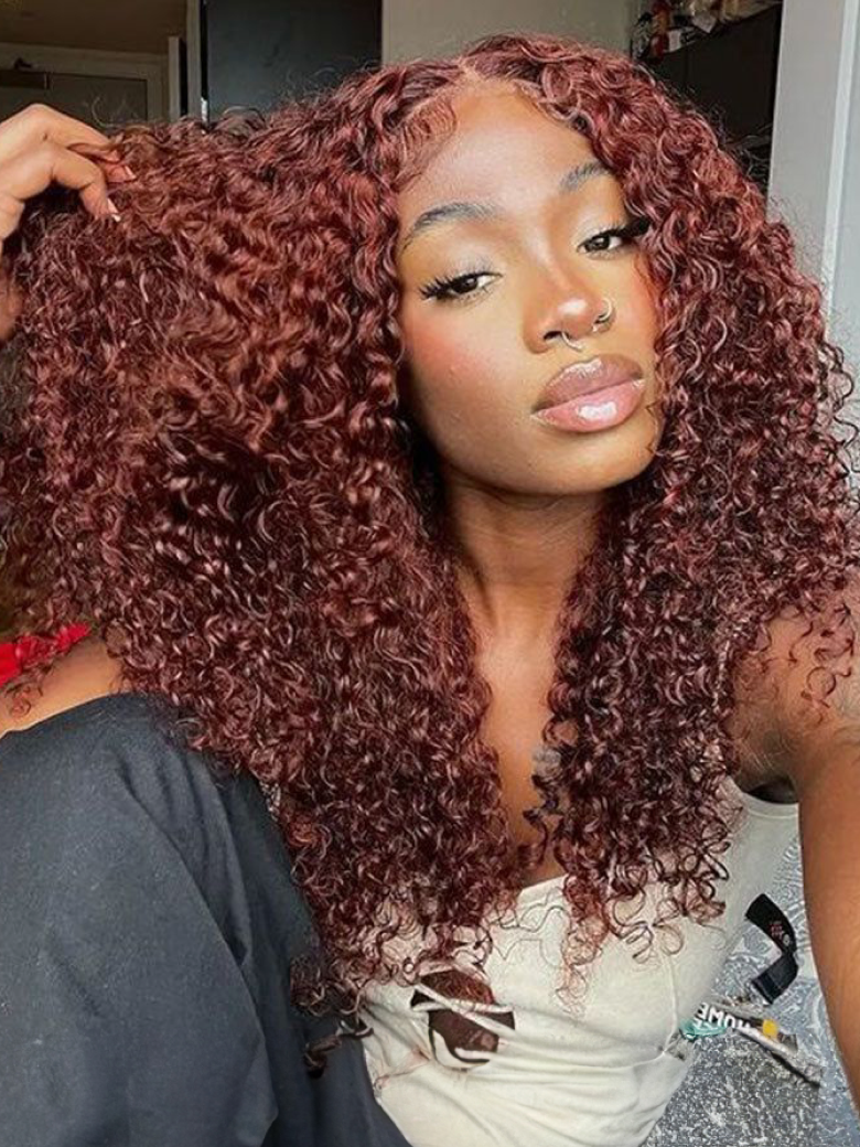 [20"=$99] 6x4.5 Pre Cut Transparent Lace Bleached Knots Put On And Go Reddish Brown Kinky Curly Air Wig Pre-Plucked Hairline