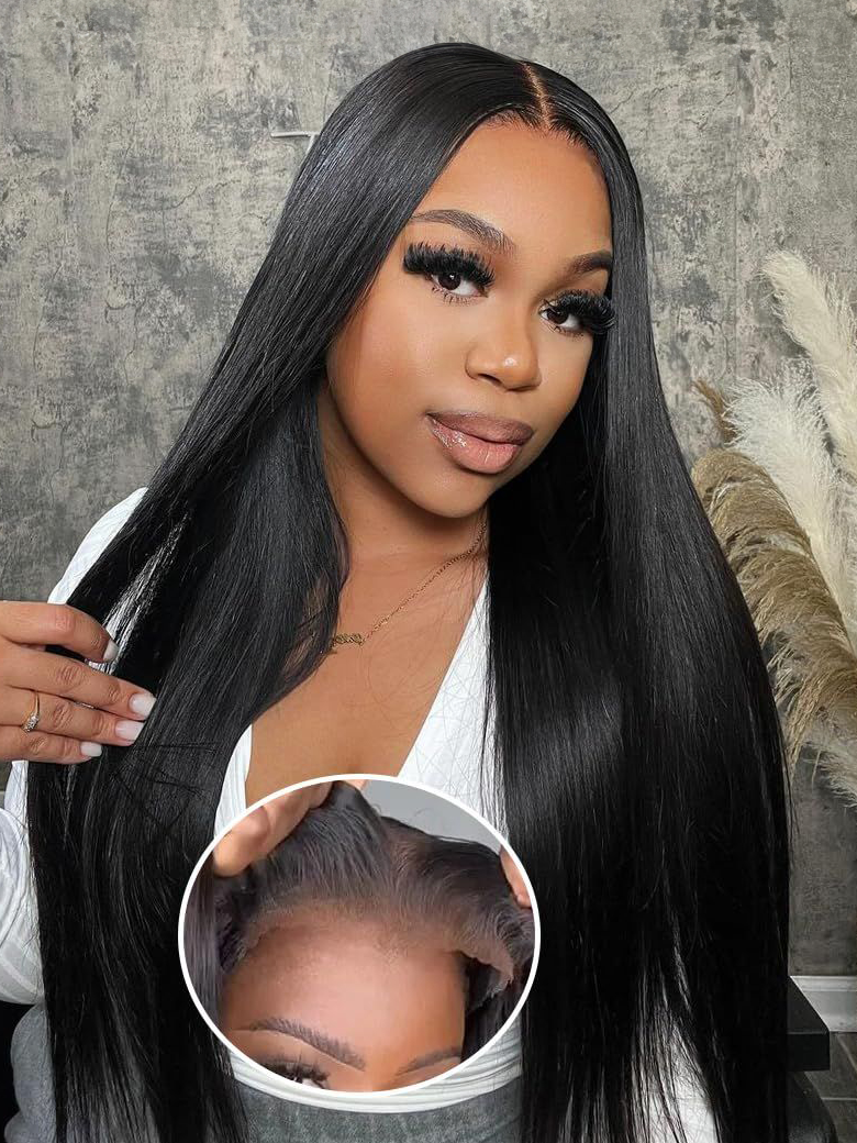 [22"=$122] 6x4.5 Pre Cut Lace Straight Black Wig With Breathable Cap Bouncy 150% Density